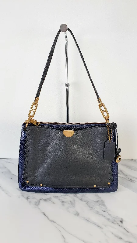 Coach Dreamer Shoulder Bag Crossbody in Black and Blue with Whipstitch and Snakeskin - Mixed Leather & Suede - Sample Bag